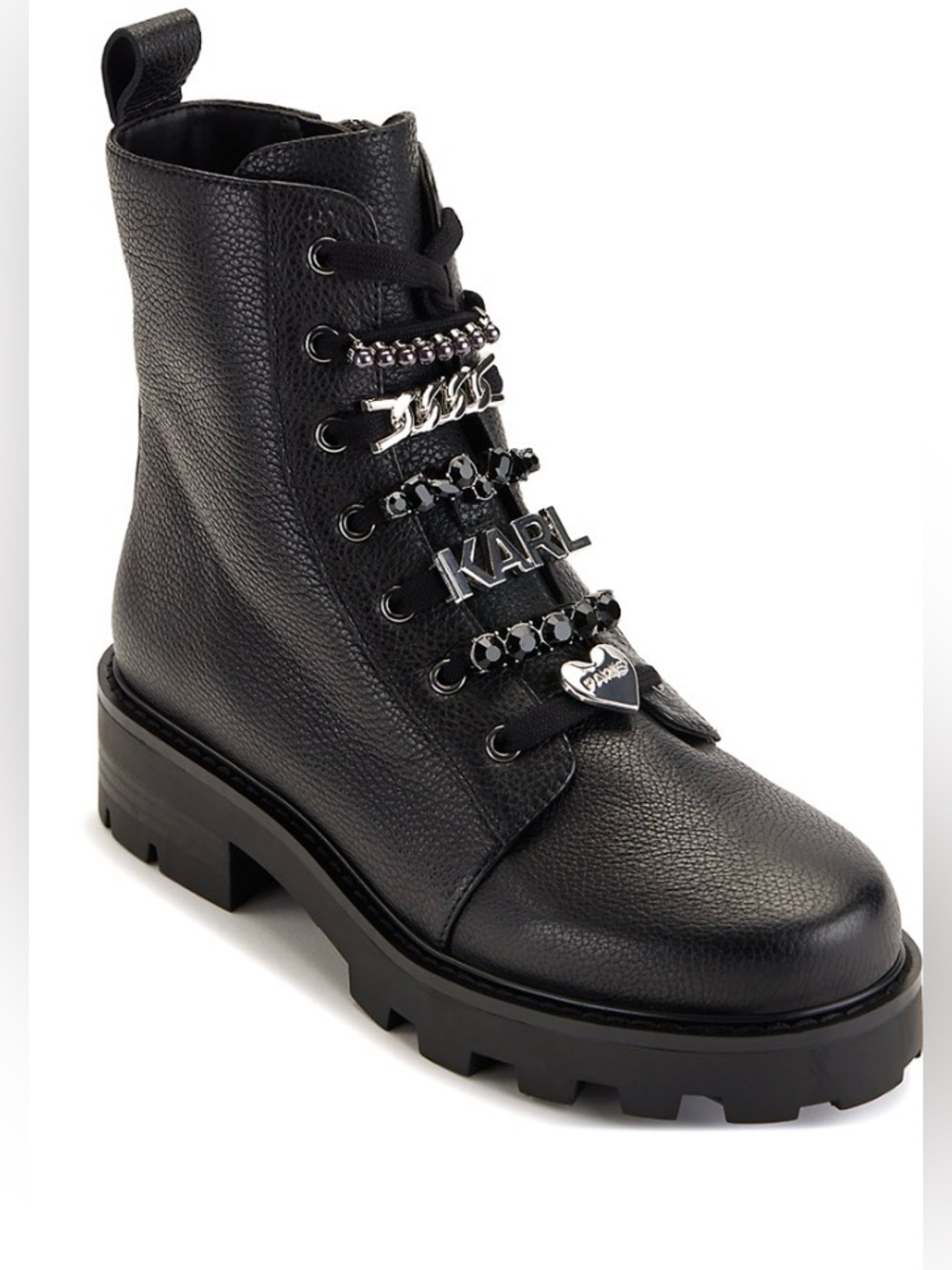 KARL LAGERFELD PARIS Mela Black Lace-Up Lug Boot with Silver Hardware. - Picture 2 of 9